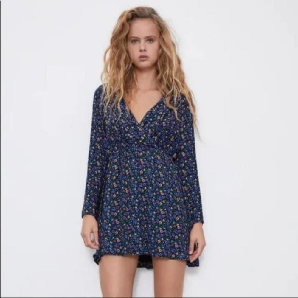 Zara Floral Print V-Neck Long Sleeve Shoulder Pads Mini Dress - Size Large